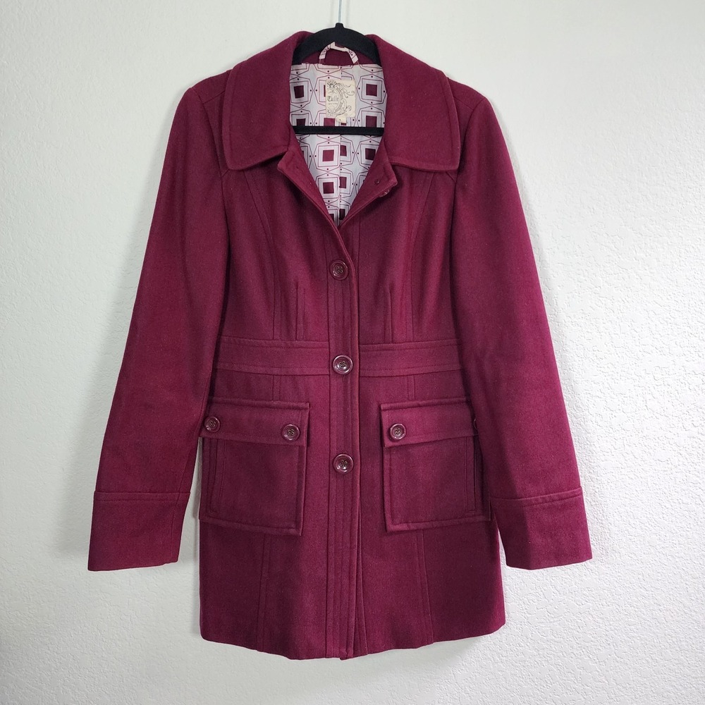 Tulle Anthropologie Pea Coat Women's Sz L Retro 60s Wool Blend Burgundy Jacket